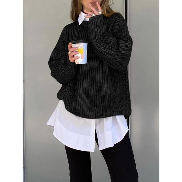 Trendy Black Ribbed Knit Oversized Sweater - Medium for Effortless Style - Picture 4 of 5